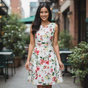 EN FOCUS STUDIO Size 4 A-Line Dress Yellow Pink Green Floral Sleeveless Stretch